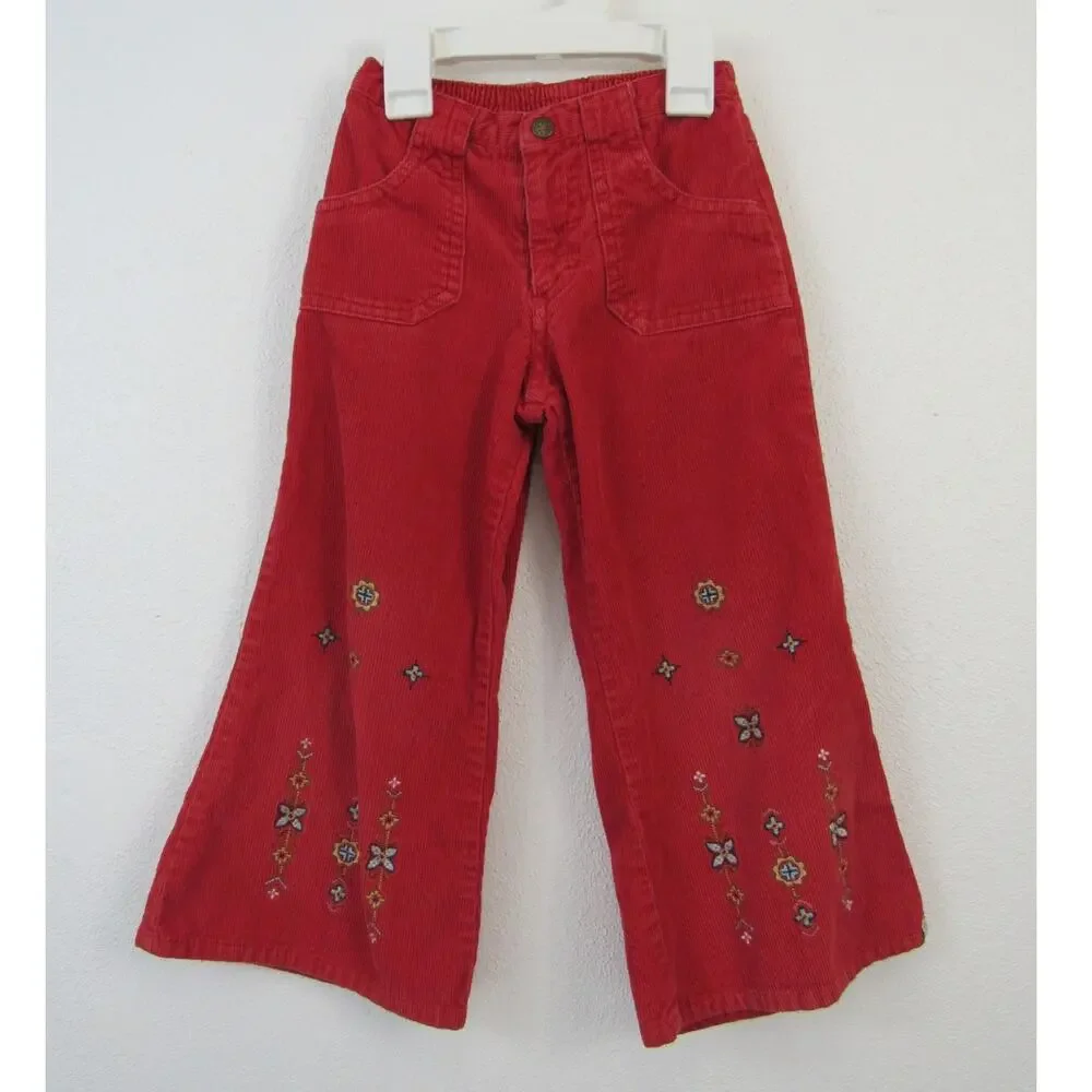 OshKosh 4T Bright Red Flare Corduroy Pants Floral Embroidery Vintage vtg Cotton